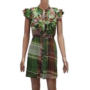 Twenty One  Green White brown Plaid Mini Dress, Ruffles, Flutter Sleeves Girls M